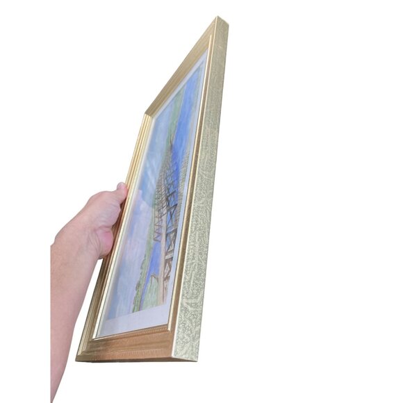 George A Baker handpainted Bridge water landscape watercolor SKU 9385 - Picture 6 of 14